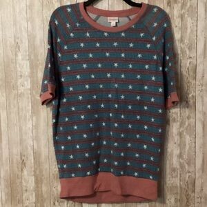 LuLaRoe Women's Crewneck Top - Blue and Pink Star Pattern